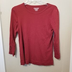 Chicos Long Sleve Tee Women Small S Red Wine 100% Pima Cotton Casual Comfort